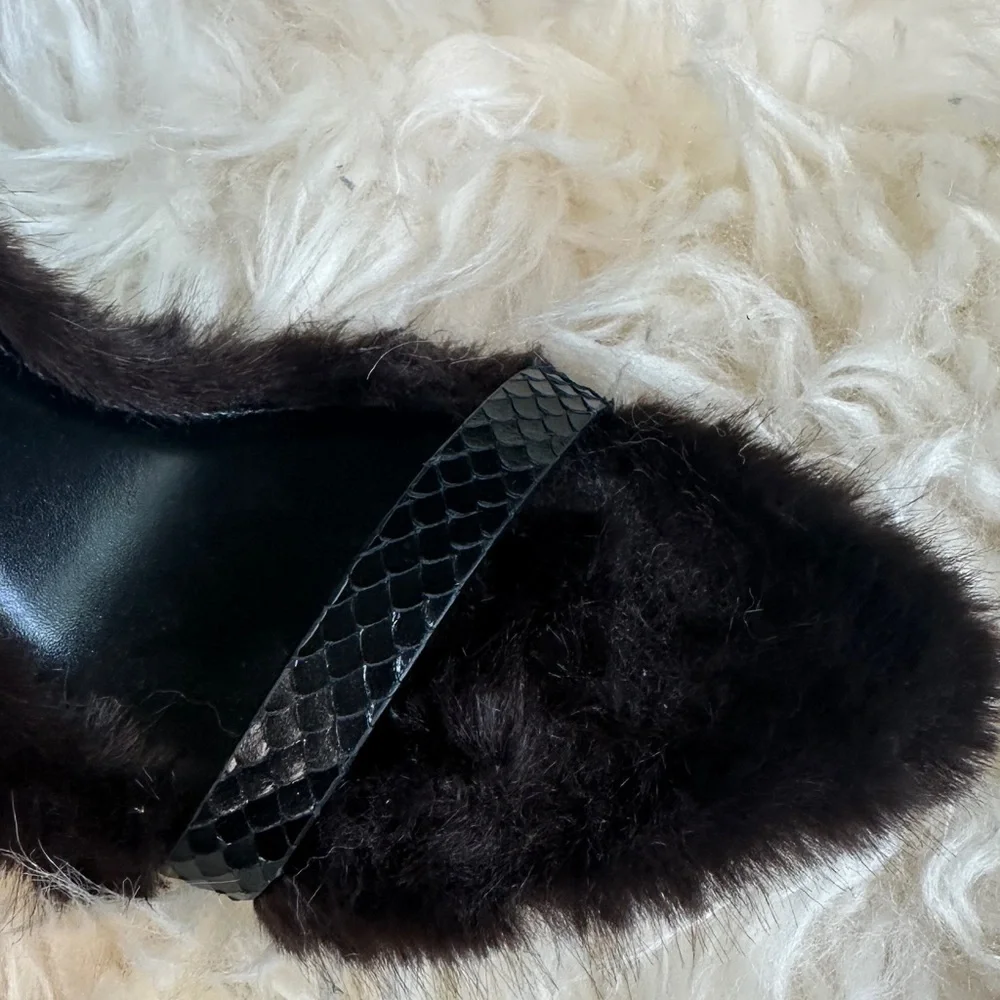 Zara Black and Brown Fur-Trimmed Sandals